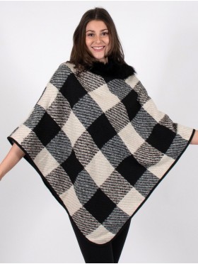 Plaid & Abstract Poncho W/ Fur Collar